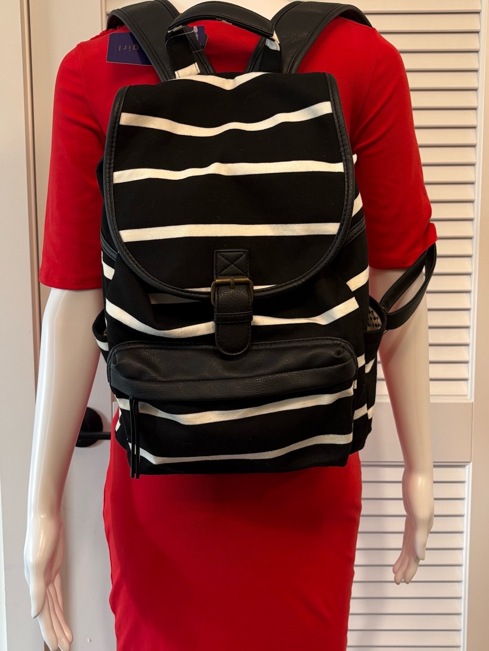 Madden Girl Black and White Striped Canvas Backpack with Front Zip Pocket